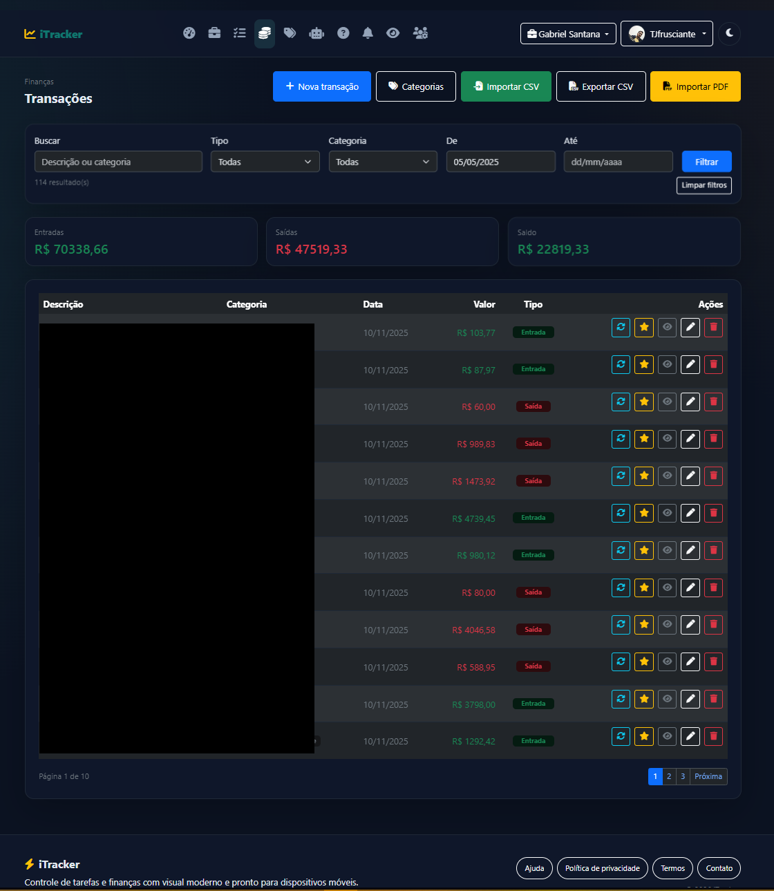 Transações - Modo escuro
